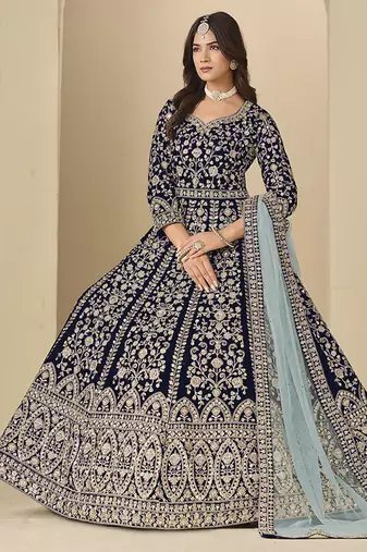 Velvet embroidered navy blue engagement wear anarkali suit
