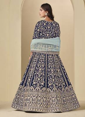 Velvet embroidered navy blue engagement wear anarkali suit 3