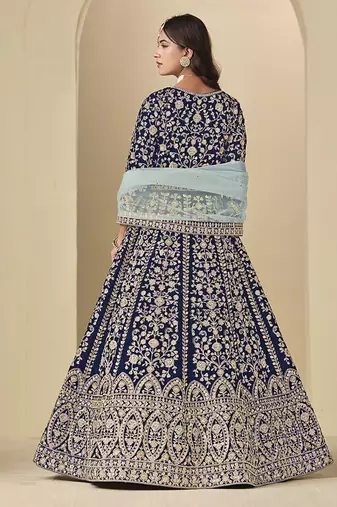 Velvet embroidered navy blue engagement wear anarkali suit