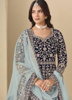 Velvet embroidered navy blue engagement wear anarkali suit 4
