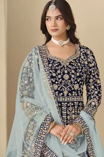 Velvet embroidered navy blue engagement wear anarkali suit