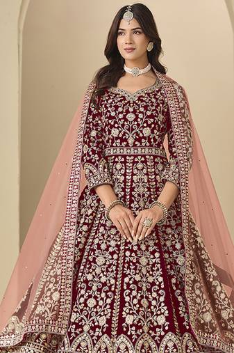 Velvet embroidered maroon engagement wear anarkali suit