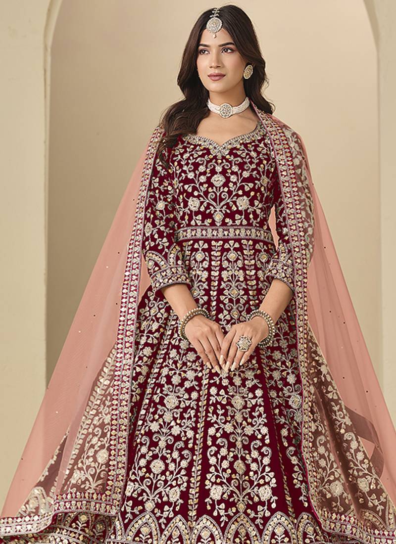 Velvet embroidered maroon engagement wear anarkali suit