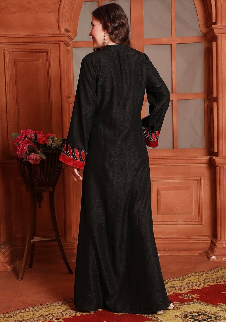 Designer Jalabiya in Black with Red Embroidery and Buttons