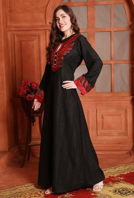 Designer Jalabiya in Black with Red Embroidery and Buttons 1