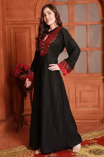 Designer Jalabiya in Black with Red Embroidery and Buttons