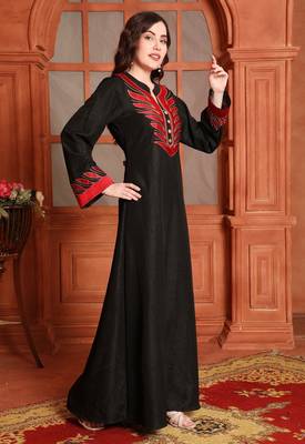 Designer Jalabiya in Black with Red Embroidery and Buttons 3