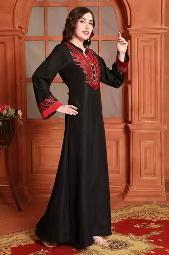 Designer Jalabiya in Black with Red Embroidery and Buttons
