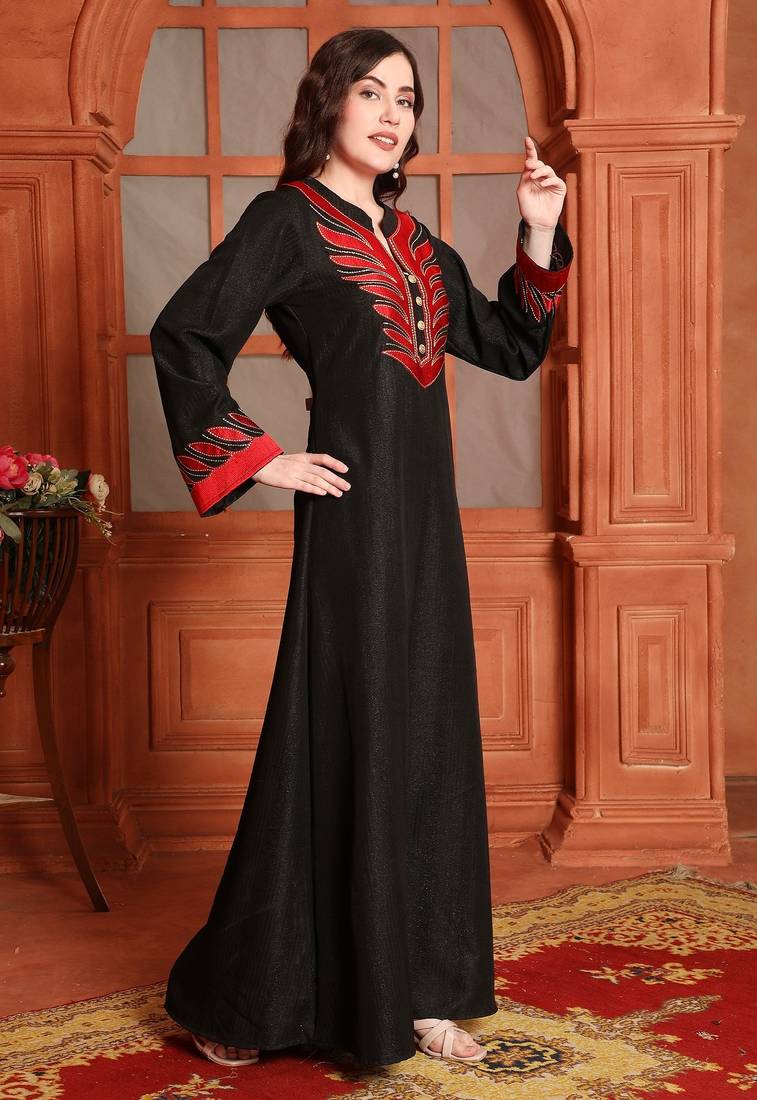 Designer Jalabiya in Black with Red Embroidery and Buttons