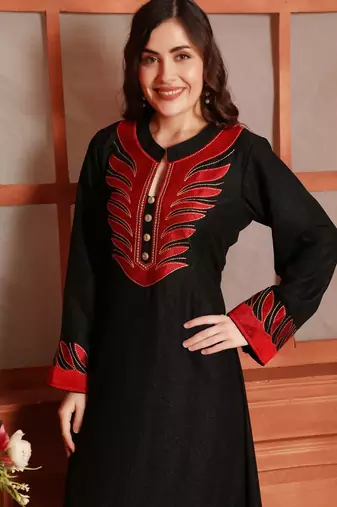 Designer Jalabiya in Black with Red Embroidery and Buttons