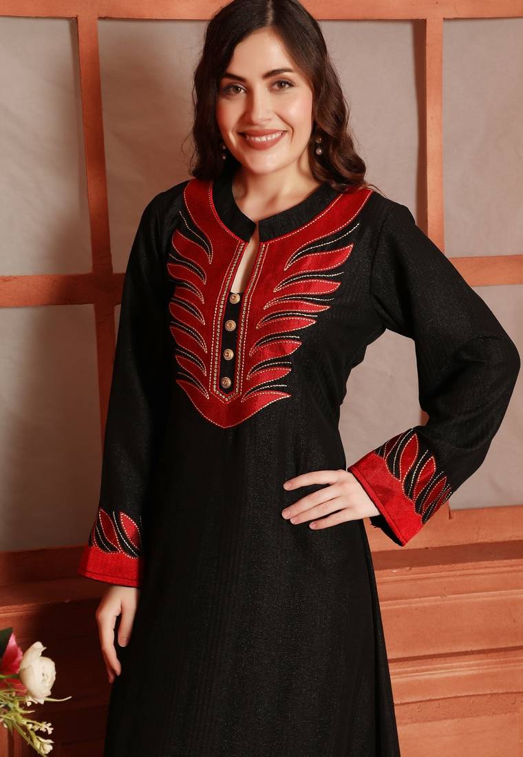 Designer Jalabiya in Black with Red Embroidery and Buttons