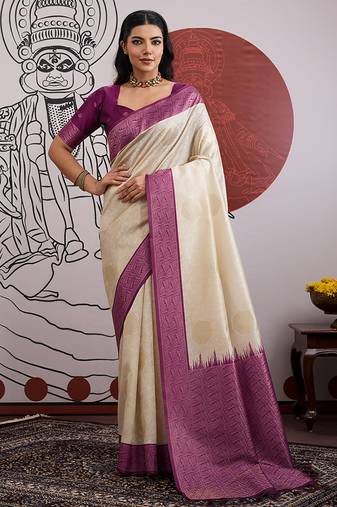 cream and wine handloom art silk festival trendy saree
