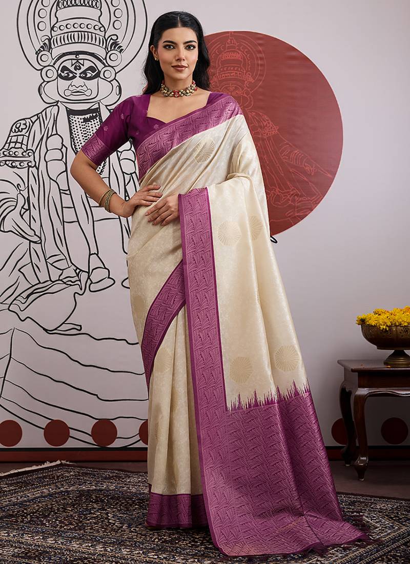 cream and wine handloom art silk festival trendy saree