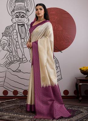 cream and wine handloom weaving silk blend saree 2