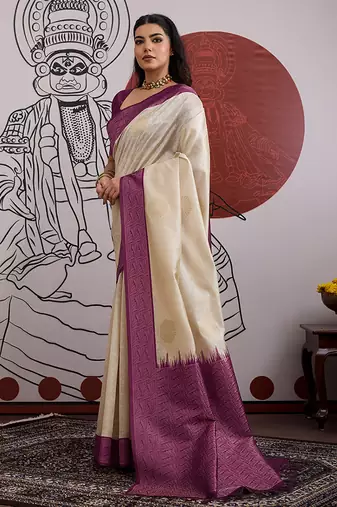 cream and wine handloom weaving silk blend saree