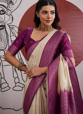 cream and wine handloom weaving silk blend saree 3