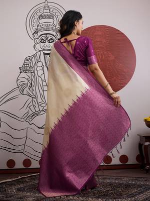 cream and wine handloom weaving silk blend saree 4