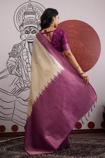cream and wine handloom weaving silk blend saree