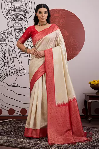 cream and red handloom weaving art silk festival trendy saree