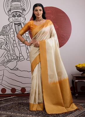 cream and orange handloom weaving silk blend saree 1