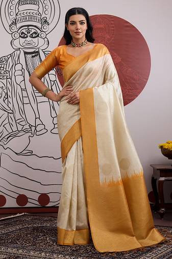 cream and orange handloom weaving art silk festival trendy saree