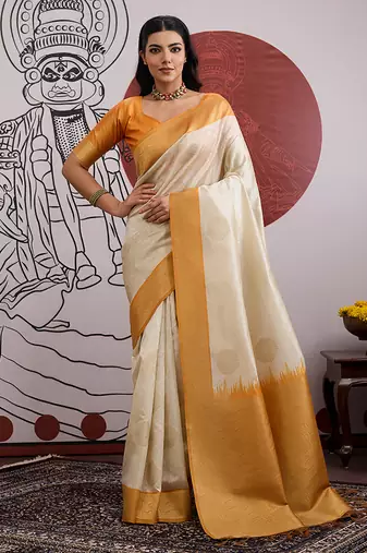 cream and orange handloom weaving art silk festival trendy saree