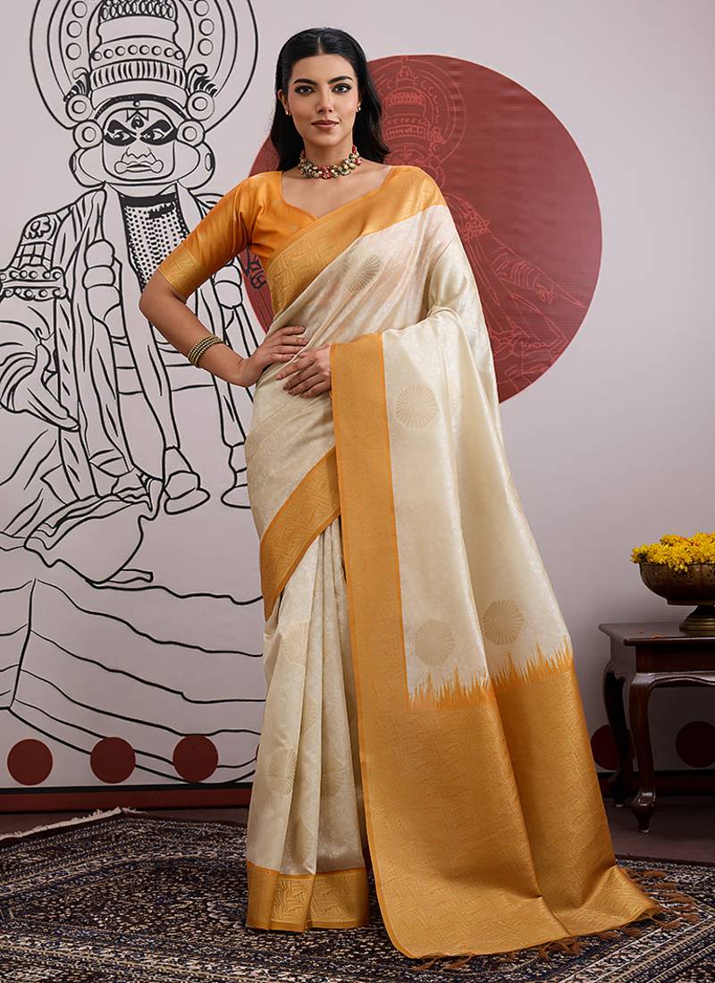 cream and orange handloom weaving art silk festival trendy saree