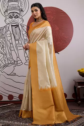 cream and orange handloom weaving silk blend saree