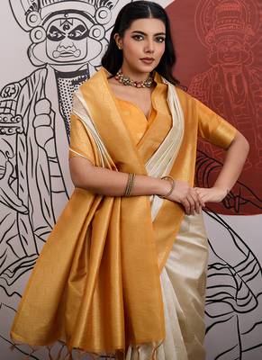 cream and orange handloom weaving silk blend saree 3