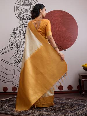 cream and orange handloom weaving silk blend saree 4