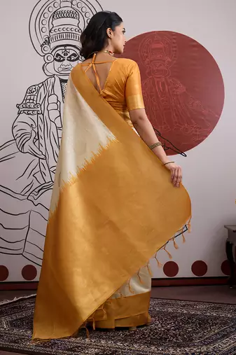 cream and orange handloom weaving silk blend saree