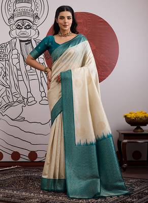 cream and teal handloom weaving silk blend saree 1