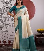 cream and teal handloom weaving silk blend saree