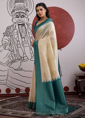 cream and teal handloom weaving silk blend saree 2