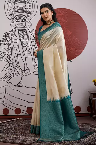 cream and teal handloom weaving silk blend saree