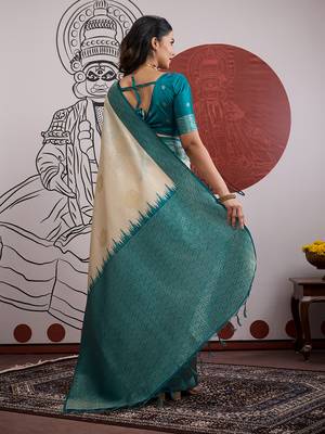 cream and teal handloom weaving silk blend saree 4