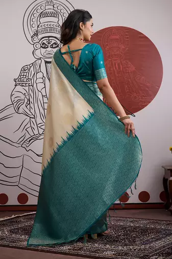 cream and teal handloom weaving silk blend saree