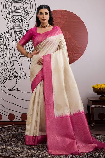 cream and rani pink handloom weaving art silk festival trendy saree