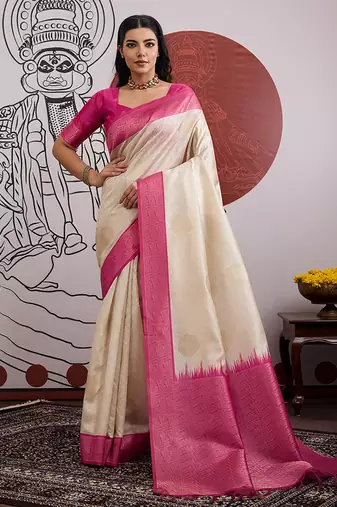 cream and rani pink handloom weaving art silk festival trendy saree