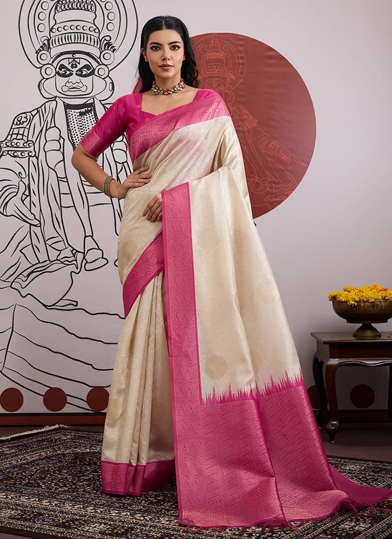 cream and rani pink handloom weaving silk blend saree