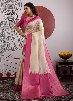 cream and rani pink handloom weaving silk blend saree 2