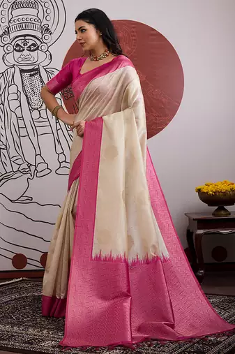cream and rani pink handloom weaving silk blend saree
