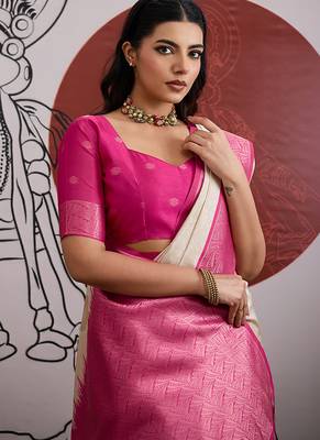 cream and rani pink handloom weaving silk blend saree 3