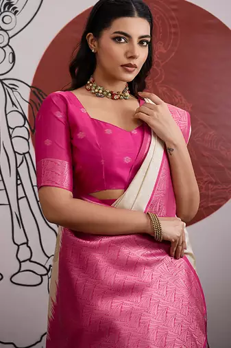 cream and rani pink handloom weaving silk blend saree