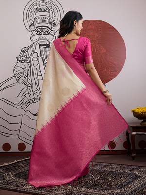 cream and rani pink handloom weaving silk blend saree 4