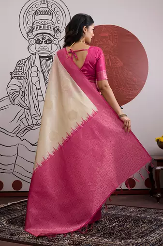 cream and rani pink handloom weaving silk blend saree