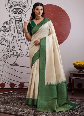 cream and green handloom weaving silk blend saree 1