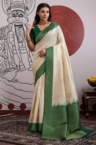 cream and green handloom weaving art silk festival trendy saree