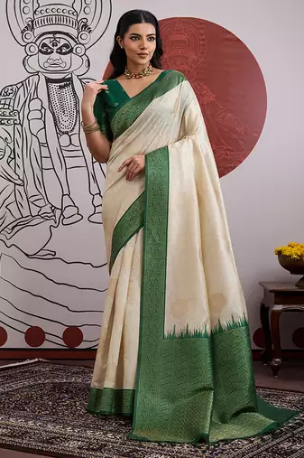 cream and green handloom weaving art silk festival trendy saree