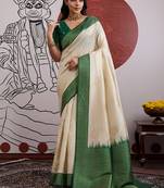 cream and green handloom weaving silk blend saree